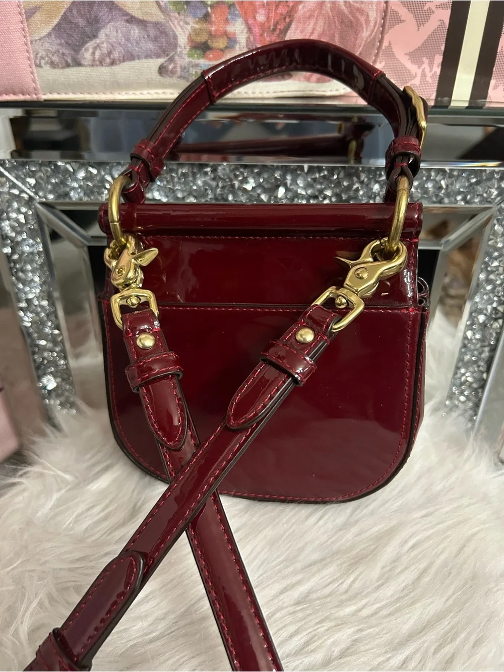 Coach Willis Crimson Red Patent Leather Mini Satchel Crossbody Legacy Lining HTF